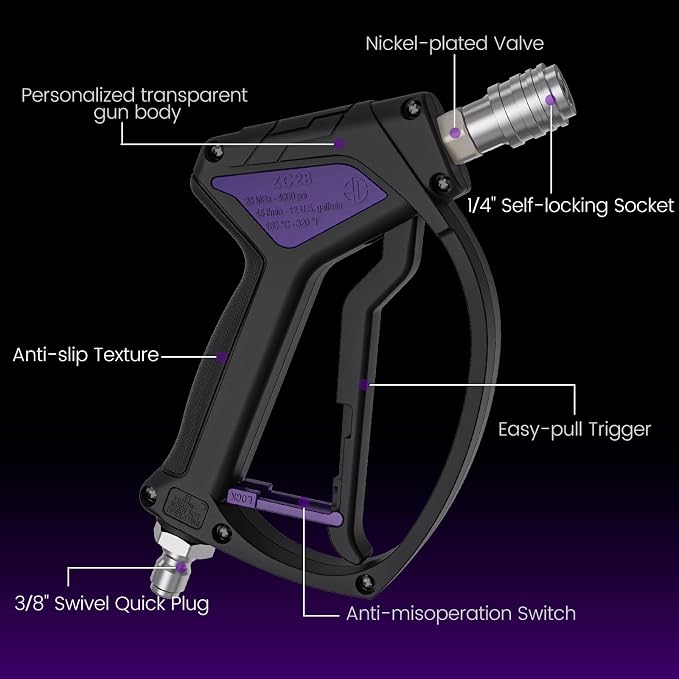 Short Pressure Washer Gun, Swivel Power Washer Gun 4060 PSI, Stubby Pressure Washer Gun with 3/8" Smooth & 1/4" Quick Connector Coupler Compatible with Hose Foam Cannon Car Wash Foam Gun（Black purple）