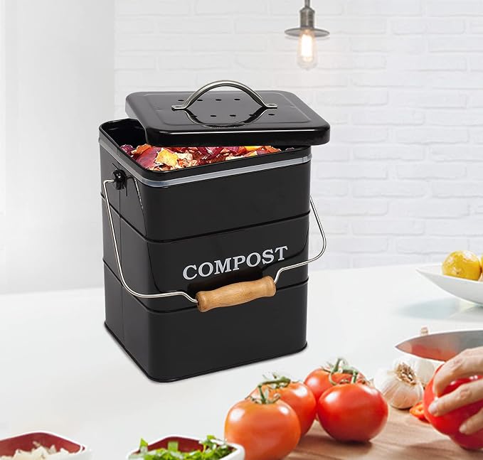 Compost Bin Kitchen Countertop Indoor Compost Pail Bucket, Great for Food Scraps, Carbon Steel, Handles, Black, 1 Gallon - Includes Charcoal Filter