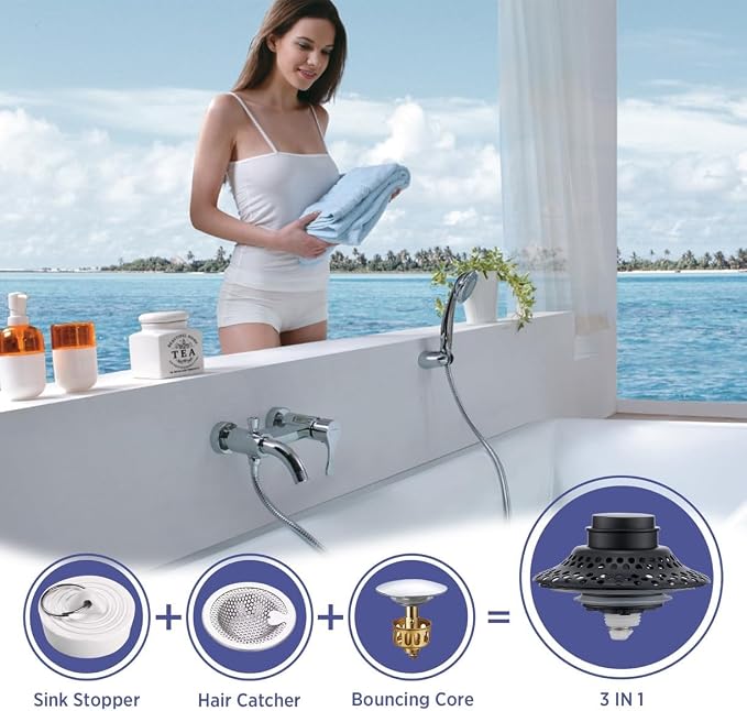 Bathtub Drain Stopper with Removable Hair Catcher, 3-in-1 Pop-up Drain Plug Fits 1.38 to 1.8 Inch Holes, Upgrade Shower Drain Cover with Stainless Steel Filter