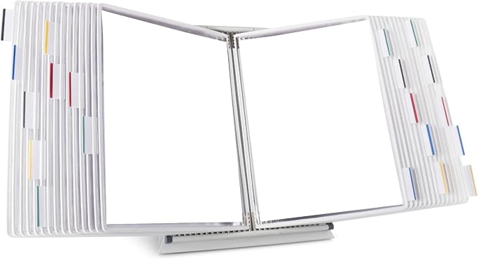 Tarifold Desktop Reference Display System, 30 Pockets, Expandable, White | 30 double-sided PVC pockets, holds 60 letter-size sheets, sturdy metal base, quick-find indexing, quick and easy to assemble
