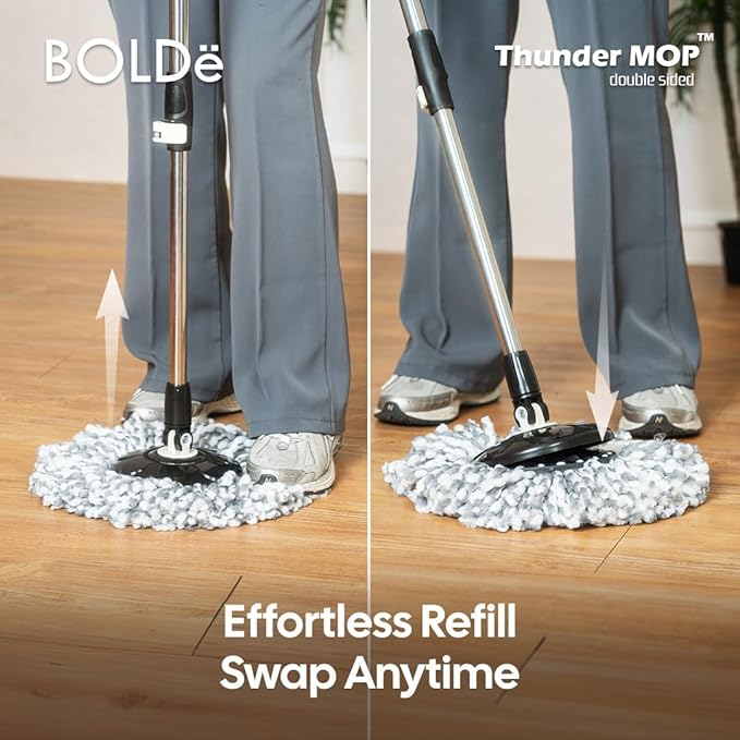Thunder Mop Spin System - 2 Compact Stackable 6L Buckets, Microfiber Head, Stainless Steel Wringer, Antifungal Quick-Dry Cleaning, Soap Dispenser, 3 Free Refills (Black/Grey)