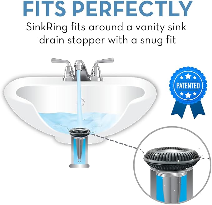 SinkRing Bathroom Sink Drain Protector & Strainer for Stoppers, Charcoal | Easy snap-in design. Precision clog-free trap prevents loss of earrings, jewelry or contacts. Fits 1.37" - 1.57" stoppers.