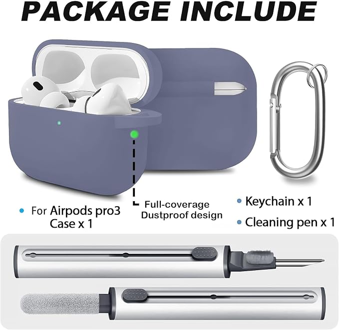 Full-Coverage dustproof Design for AirPods Pro 3 Case Cover with Cleaner Kit, Soft Silicone Cover for AirPods Pro 3rd Generation Comes with Keychain,Suitable for 3rd Generation,Grayish Blue