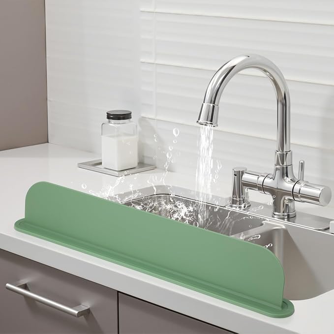 19.3 inch Silicone Sink Splash Guard, Splash Guard for Kitchen Sink Area, Backsplash Protector for Kitchen Countertop & Bathroom Bathtub with Non-Slip Strong Suction, Sage Green