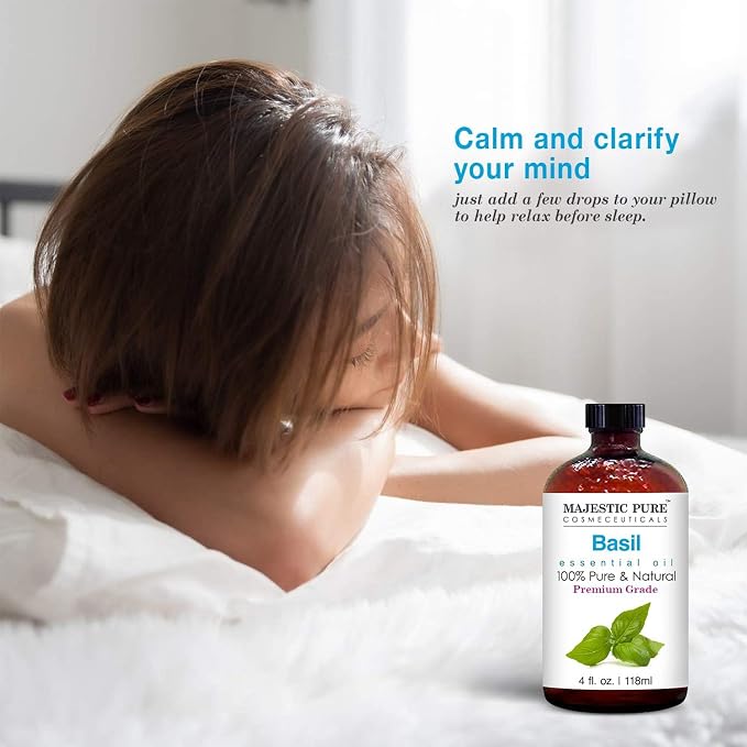 Majestic Pure Basil Essential Oil for Diffuser - 4 Fl Oz | 100% Natural Essentials Oils for home fragrance, diffuser use, massage, DIY candles, DIY soaps, Aromatherapy