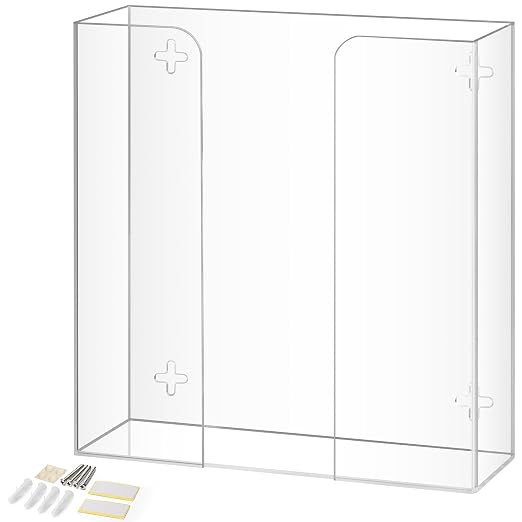 Double Glove Box Holder Dispenser - Kitchen, Medical, & Latex Gloves Holder Wall Mount or Countertop, Universal Fit - Thick Acrylic, Easy to Use, Slide, & Load Open Top Design - Clear