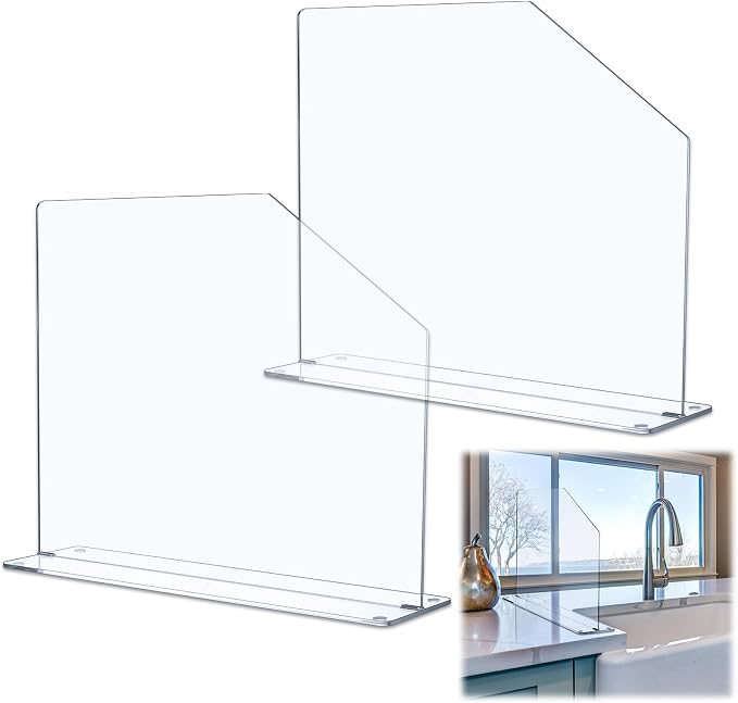 Vesici 2 Pcs Clear Acrylic Sink Splash Guard Freestanding Panel Barrier with Easy Reach Cutaway Kitchen Guard Protective Splatter Barrier for Home Hospital(19" Length, 18" Height, 4.5" Base)