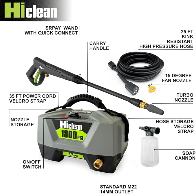 Hiclean Electric Pressure Washer 1800 PSI | Portable Power Washer, Compact Design, Foam Cannon, Turbo and Fan Nozzles, ETL Certified
