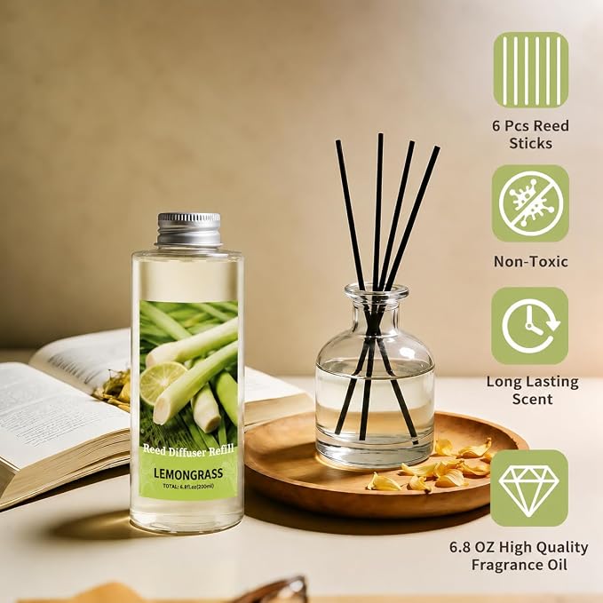 STRN Lemongrass Reed Diffuser Oil Refill, Diffuser Refills with Stick 200ML | Summer Long-Lasting Fragrance for Living Room, Bedroom, Office, Home Décor