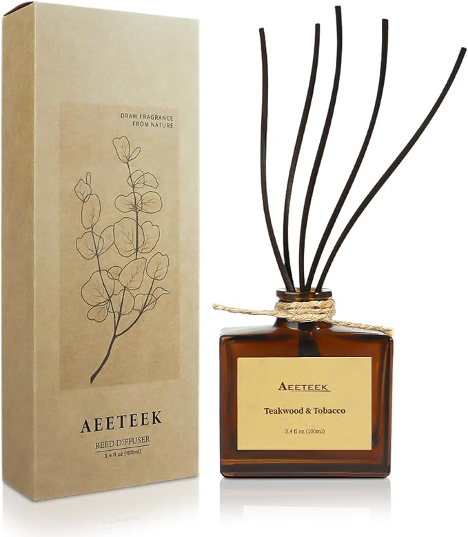 Reed Diffuser, Teakwood & Tobacco Essential Oil Diffuser with Dried Flowers, 3.4 oz Musk Scented Oil, Handmade Home Decor Air Freshener, Long-Lasting Room Scent for Office, Bathroom | 3.4oz Woody Scented Oil with Curved Sticks, Handmade Home Decor Air ...