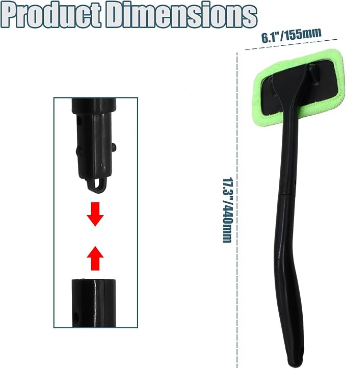 Car Window Cleaner Kit, Green | Windshield Cleaning Tool, Extendable Long Handle, 2 Washable Reusable Microfiber Pads