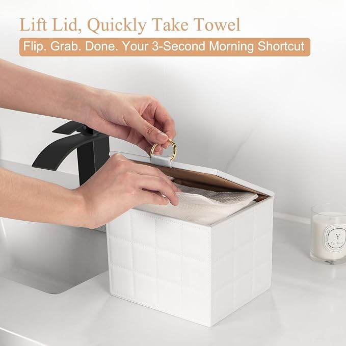 Disposable Face Towel Holder Box XL for Clean Skin Club Organizers | White PU Leather Face Towels Container, Reusable Organizer for Clean Skin Towel Makeup Wipe Holder Counter Bathroom Storage