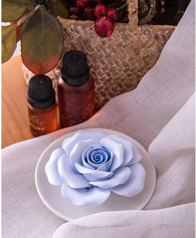 Essential Oil Passive Flower Diffuser -Non-Electric Porcelain Aromatherapy Diffusers for Small Mini Room, Desk Decorative, Bathroom (Blue Rose) | Non-electric ceramic diffuser for desks, bathrooms and small rooms