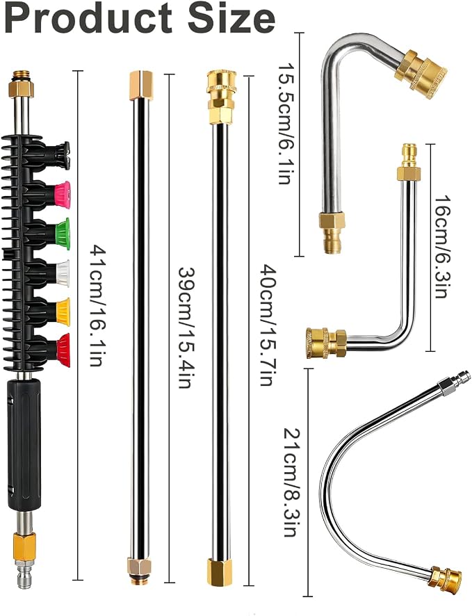 Pressure Washer Extension Wand 120", Gutter Cleaner Attachment | 10 Pc Power Washer Lance with 6 Atomization Nozzle Tips,1 Gutter Cleaner Attachment Curved Rod, 1/4" Quick Connect, 4000 PSI