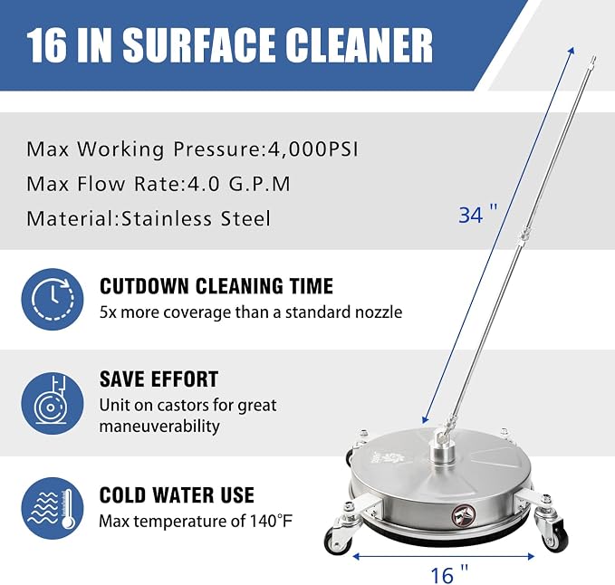 JANZ 16'' Pressure Washer Surface Cleaner | 4 Wheels, Stainless Steel Housing, 1/4''Quick Plug, 2 Extension Wands, 2 Replacement Nozzles and 3 Spray Nozzles,4000 PSI
