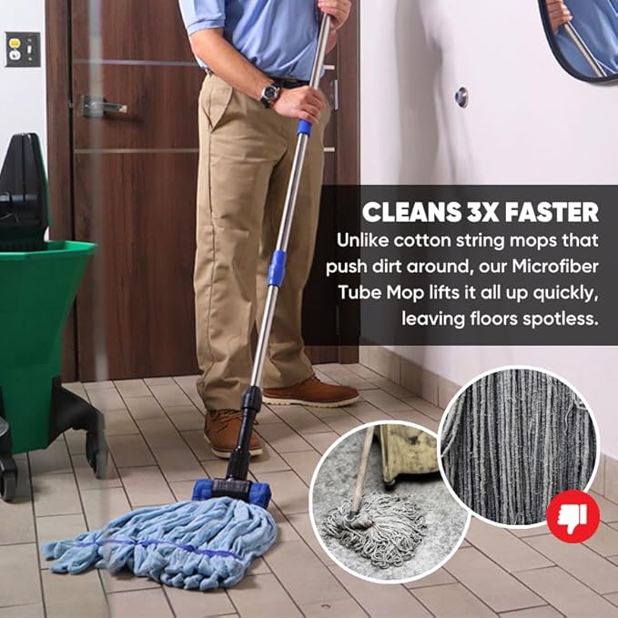 Commercial Mop Head Replacement – 1 Pack Blue Medium Microfiber Tube Mop (14 oz.) | Industrial Wet Mops | Refill Heads, Machine Washable, Heavy Duty | Hardwood, Tile, Laminate, Vinyl Floors