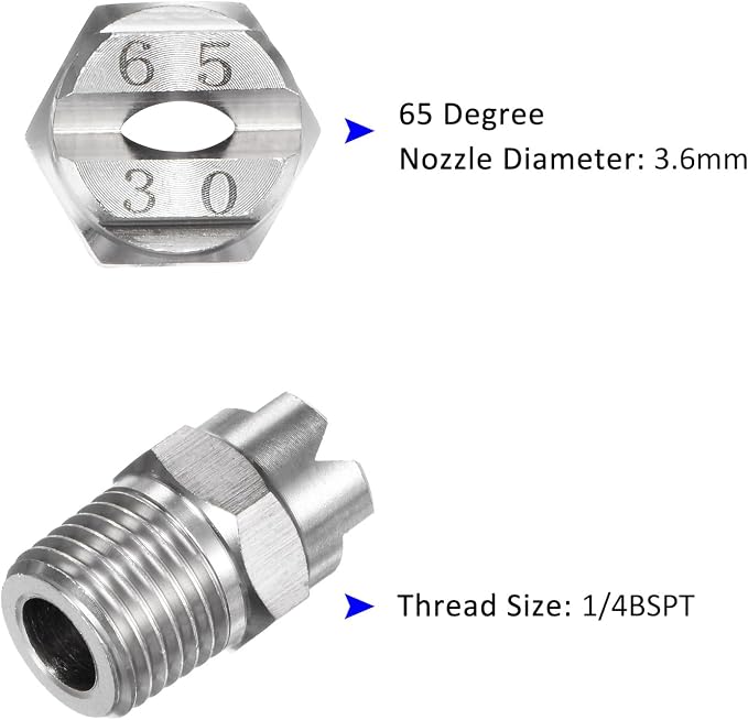 M METERXITY 5-Pack Flat Fan Spray Tip, 65 Degree 1/4BSPT Male Stainless Steel Pressure Washer Nozzles Cleaner Nozzle Replacement W Sealing Tape for Water Guns (3.6mm Orifice)