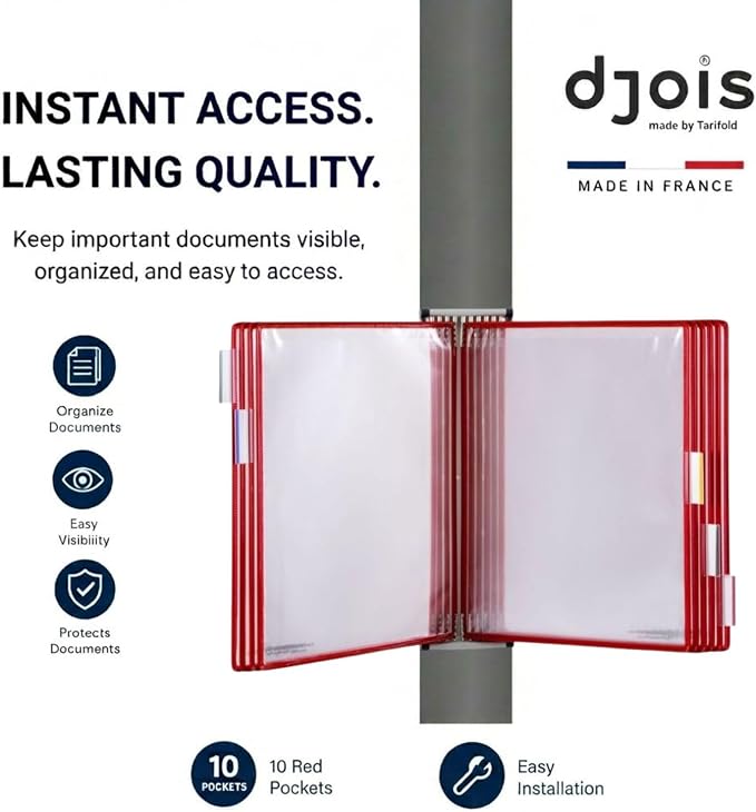 Tarifold Wall Mount Reference System, 10 Pockets, Expandable, Red | 10 double-sided PVC pockets hold 20 letter-size sheets, sturdy wall-mount bracket, snap-on index tabs, easy to install