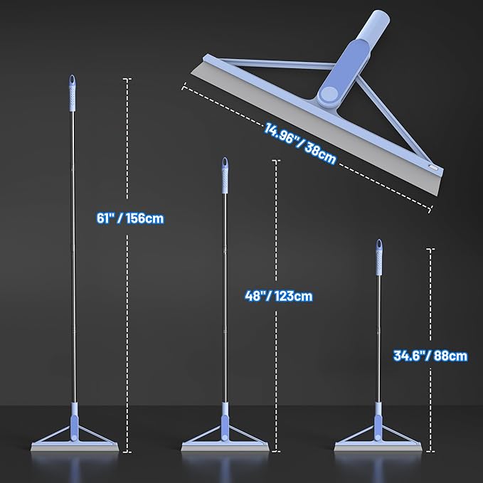KOLLIEE Rubber Floor Squeegee Broom 61'' Long Handle Shower Squeegee for Floor with 120° Adjustable Head for Tile Concrete Deck Bathroom Window Garage