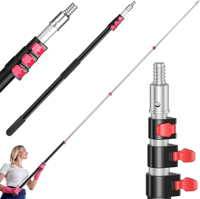 12 FT Telescoping Extension Pole – Flip-Lock Adjustable Aluminum Paint Roller Pole – 3/4" Universal Threaded Tip – Fits Duster Heads, Paint Rollers, Window Cleaners & Brushes
