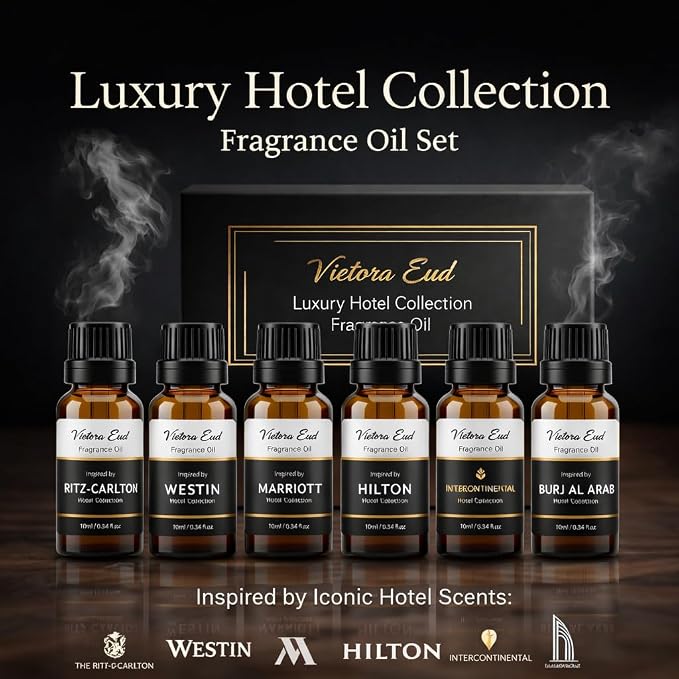 Luxury Hotel Fragrance Oil Set, 6 Pack | Six Hotel-inspired Fragrance Oils; Versatile for Humidifiers, Aroma diffusers, Candle and Soap Making