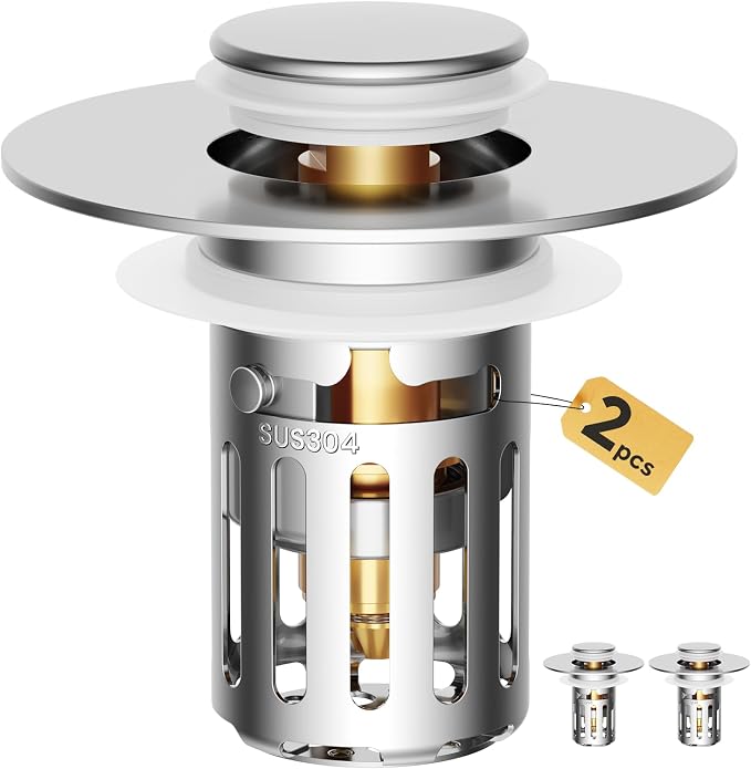 5-in-1 Bathroom Sink Stopper, 2 Pc Pop-Up Sink Drain Strainer with Removable Bascket, Anti-Clog Strainer, Odor Blocking & One-Way Flow Design, Brass & Stainless Steel All Metal Made, Fit 1.1"–2.36"