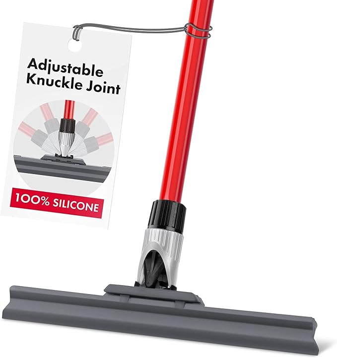 Silicone Floor Squeegee with 55-Inch Long Handle, 12-Inch Single Cast Silicone Blade, 360° Swivel Joint - Multifunction Floor Squeegee for Garage, Concrete Floor, Shower Floor, Glass Windows
