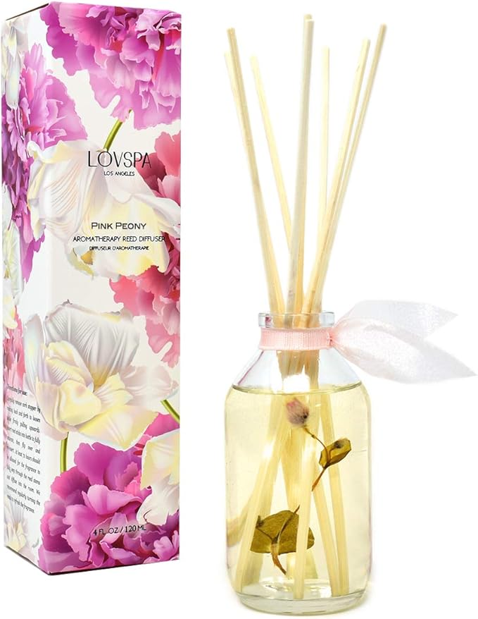 Reed Diffuser Set - Pink Peony Scented Diffuser with Sticks | Home Fragrance Reed Diffuser for Bedroom, Bathroom Shelf Décor, with Real Florals in the Bottle - Made in the USA