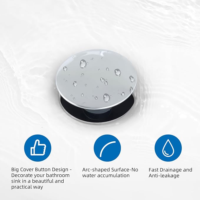Universal Metal Bathroom Sink Stopper, Pop-Up Hair Catcher Strainer, Chrome | Large Cover Cap, Sink Drain Strainer with Detachable Double Filter, Drain Plug Fits 1.1"-2.36" US Basin, Brass Bounce Core