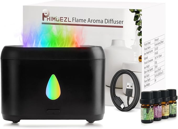 Flame Diffuser for Essential Oils, 200ml Ultrasonic Aroma Diffusers with Cool Mist, Aromatherapy Diffuser with Auto-Off Protection (Black(7 Colors), Peppermint+Lavender+Tea Tree+Lemon)