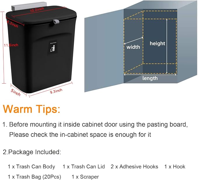 Tiyafuro 2.4 Gallon Kitchen Compost Bin for Counter Top or Under Sink, Hanging Small Trash Can with Lid for Cupboard/Bathroom/Bedroom/Office/Camping, Mountable Indoor Compost Bucket, Black