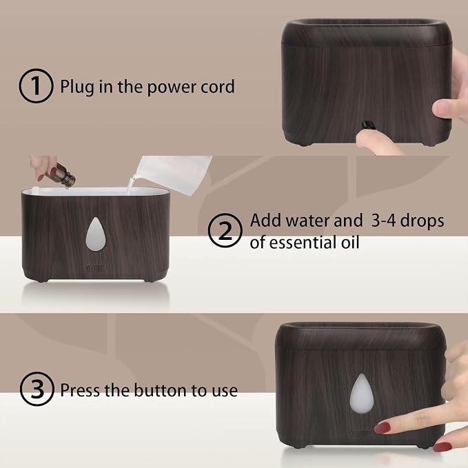 Flame Diffuser for Essential Oils, 200ml Ultrasonic Aroma Diffusers with Cool Mist, Aromatherapy Diffuser with Auto-Off Protection (Dark Wooden Grain, Unscented)