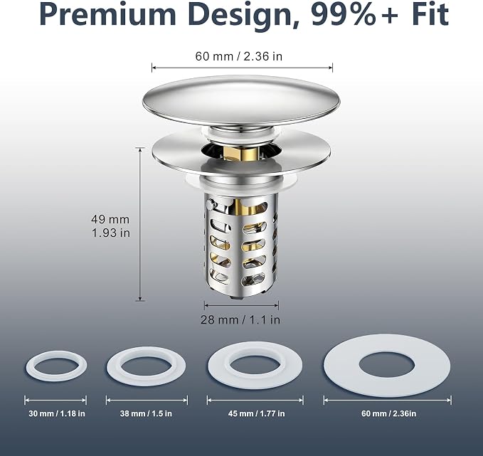 Bathroom Sink Pop-Up Stopper, Sink Drain Strainer Hair Catcher | Universal 1.1"-2.17" Drains, Brass Core & Stainless Steel Mesh, Hair Catcher 2 in 1 bathroom Sink Stopper Strainer