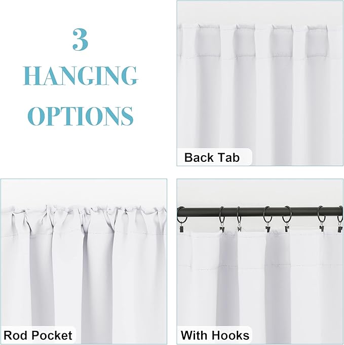 RYB HOME White Short Curtains, Room Darkening Drapes Thermal Insulated Small Window Coverings Full Privacy Protection for Bedroom Bathroom Dining Room, Pure White, W42 x L63 inch, 2 Panels