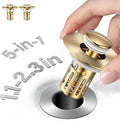 (2 Pc) 1s Installation - All Metal Bathroom Sink Stopper Fit 99% - 3 in 1 Universal Pop Up Stopper with Removable Stainless Steel Filter Basket Hair Catcher - Sink Stopper (Golden)