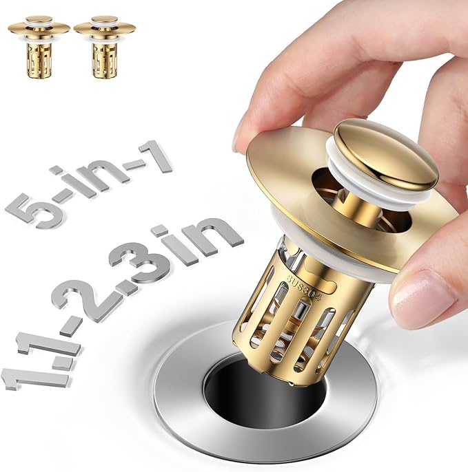 (2 Pc) 1s Installation - All Metal Bathroom Sink Stopper Fit 99% - 3 in 1 Universal Pop Up Stopper with Removable Stainless Steel Filter Basket Hair Catcher - Sink Stopper (Golden)
