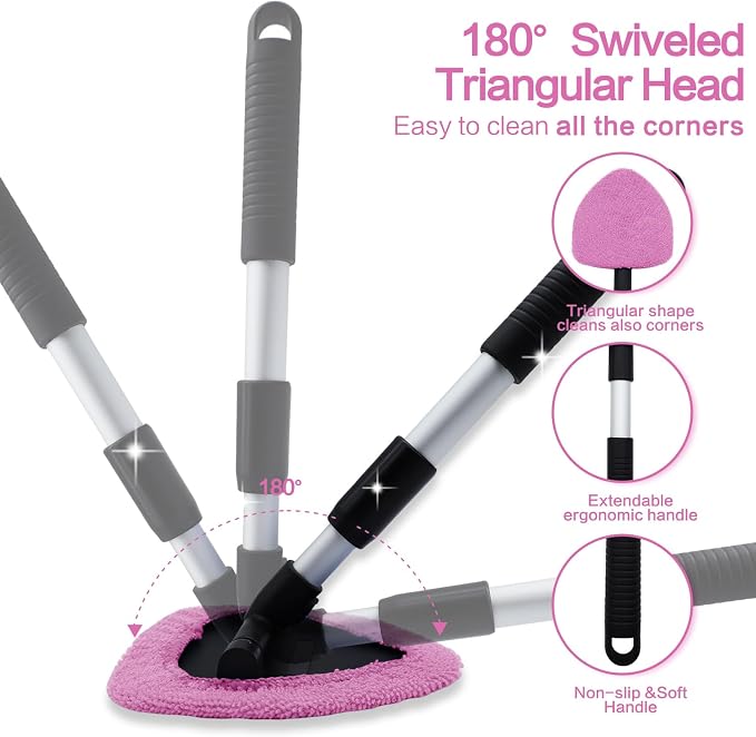 Windshield Cleaner Tool 22.5" L - Car Interior&Exterior Window Cleaning Kit with Extendable Handle&4 Microfiber Pads and Thick Large Wash Sponge, Auto Glass Wiper Brush Kit for Cars Home (7pcs Pink)
