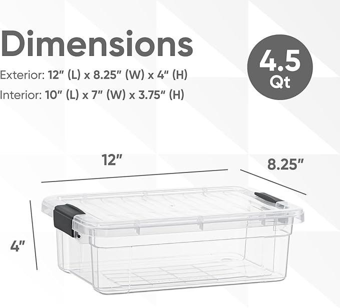 Superio Clear Storage Boxes with Lids, 4.5 Quart Plastic Container Bins for Organizing, Stackable Crates, BPA Free, Non Toxic, Odor Free, Organizers for Home, Office, School, and Dorm, 2 Pack