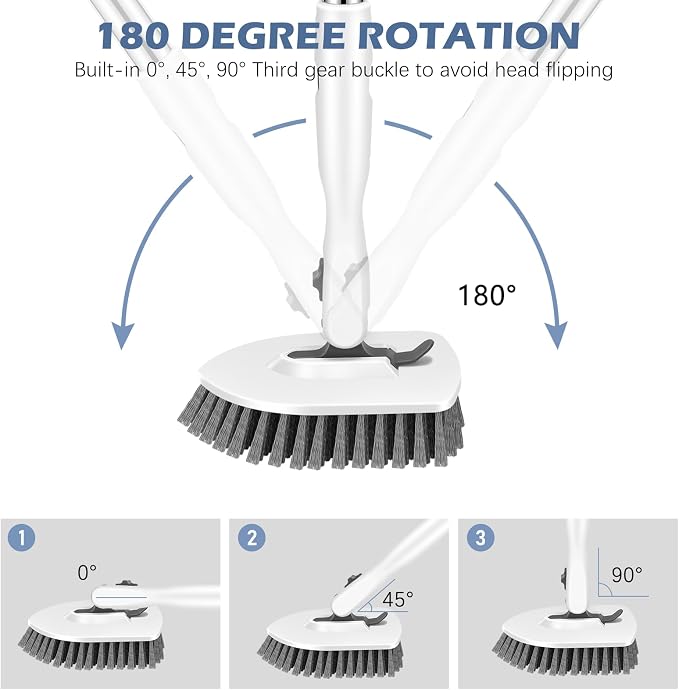 SetSail 4-in-1 Tile Tub Floor Scrubber with Floor Scrub Brush, White Grey | with 3 Detachable Replacement Brush Head, Multi-Angle Cleaning Locks at 45°, 90°, 180° for Bathroom Kitchen Walls Tub Tile