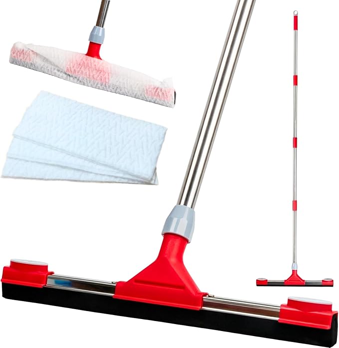 Floor Squeegee Scrubber with Extendable 62" Long Handle | 17.3" EVA Foam Blade, Reinforced Steel Frame for Garage, Concrete, Tile, Patio, Pool, Shower & Uneven Surface Cleaning