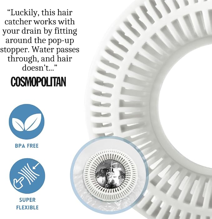 TubRing Pop-Up Drain Protector & Strainer Silicone Hair Catcher, White | Easy snap-in design fits around bathtub stoppers. Customizable utility guard for clog prevention. Fits 1.85"- 2.16" drains.