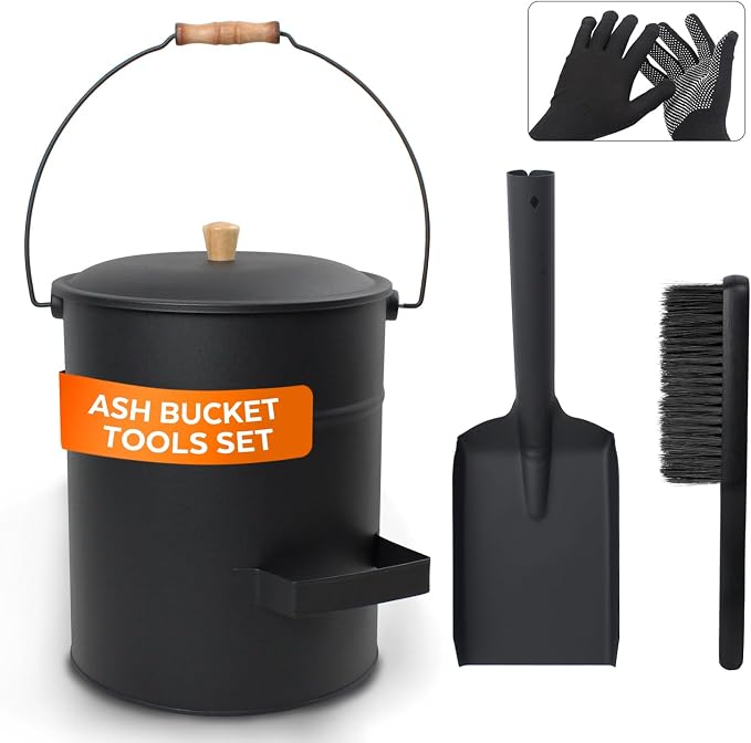 Ash Bucket with Lid and Shovel, 4 Gallon Ash Bucket for Fireplace, Complete Fireplace Tools Set, Fireplace Bucket for Ashes for Wood Stove