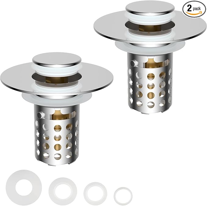 2PCS Universal Bathroom Sink Drain Strainer Hair Catcher, Chrome | Upgraded with Removable Stainless Steel Filter Basket, 3 in 1 Pop Up Sink Stopper for 1.1''~2.36'' Sink Basin Hole