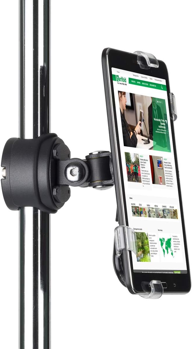 Tarifold X-tend Pole Mount Tablet Holder, Fits 7-10 Inch Tablets, Black | Fits 7-10 inch tablets, 360-degree rotating holder, locking cap screws, secure transparent corners, heavy-duty pole clamp