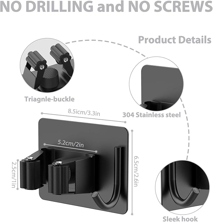 Mop Broom Holder No Drill, Mop Broom Organizer Wall Mounted Heavy Duty with Hooks Hanger, Self Adhesive Stainless Steel 4Pcs for Bathroom, Kitchen, Office (Black)