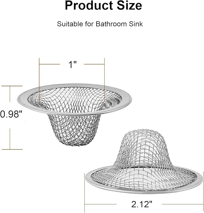 6-Pack Bathroom Mesh Sink Drain Strainer - 2.12" Top / 1" Small Stainless Steel Hair Basket Catcher for Bathroom Sink, Lavatory, Balcony, Utility, RV, Floor Drain