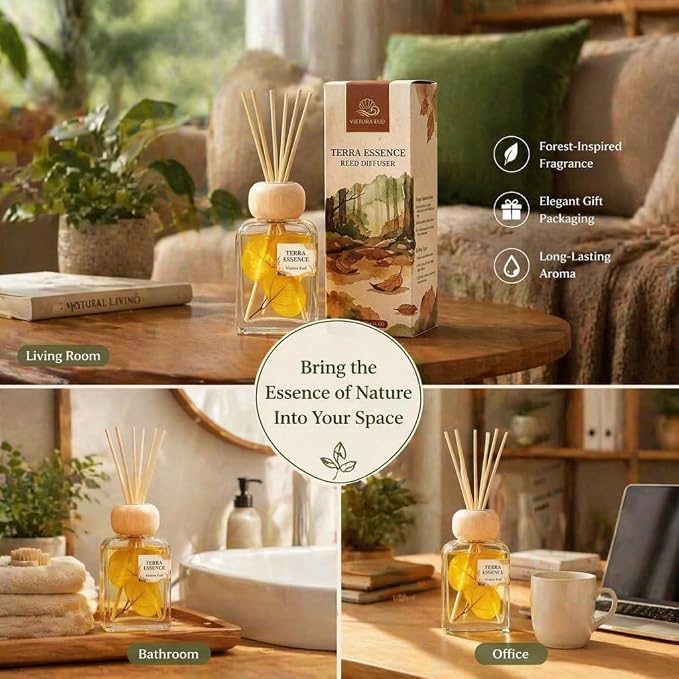 Terra Essence Reed Diffuser with Dried Leaves, 3.4 Fl Oz | Earthy wood and forest scent with real dried-leaf decor; long-lasting Air Fresheners for living room, bathroom or office.