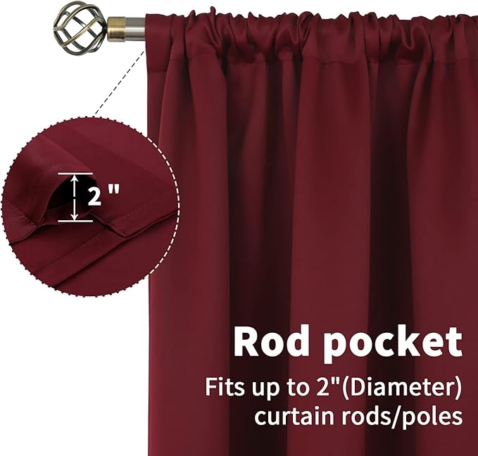 BGment Burgundy Blackout Curtains 63Inches Long for Bedroom - Wine Red Thermal Insulated Window Treatments with Rod Pocket Room Darkening for Christmas Living Room, 52 x 63 Inch, 2 Panels
