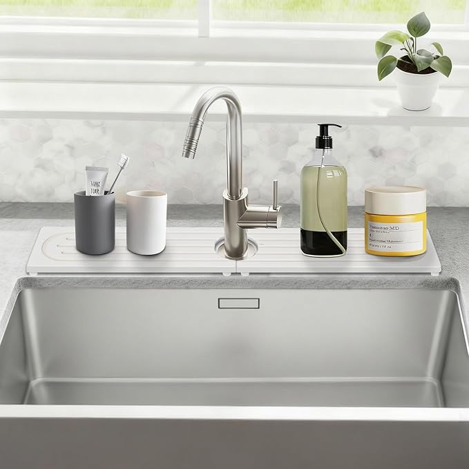Drying Stone Faucet Mat for Kitchen Sink, Trays Diatomite Quick Dry Around Faucet Mats, 30 Inch Long Kitchen Sink Splash Guard Behind Faucet, Prevent Moisture on Kitchen Bathroom Counter