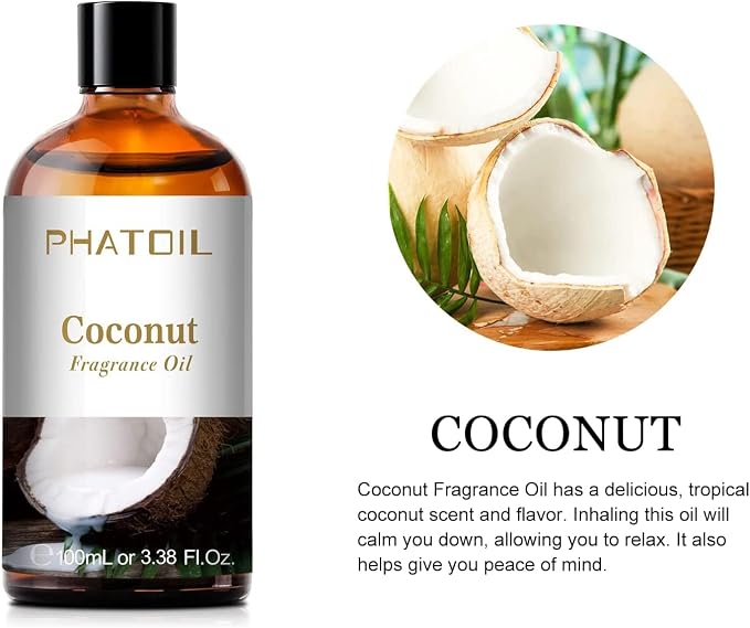 PHATOIL Coconut Fragrance Oil for Diffuser Aromatherapy 3.38FL.OZ | Long Lasting Scented Oils For Humidifier, Air Freshener, DIY Soap Candle, Scent Project Making, Aroma Oil for Home Freshening